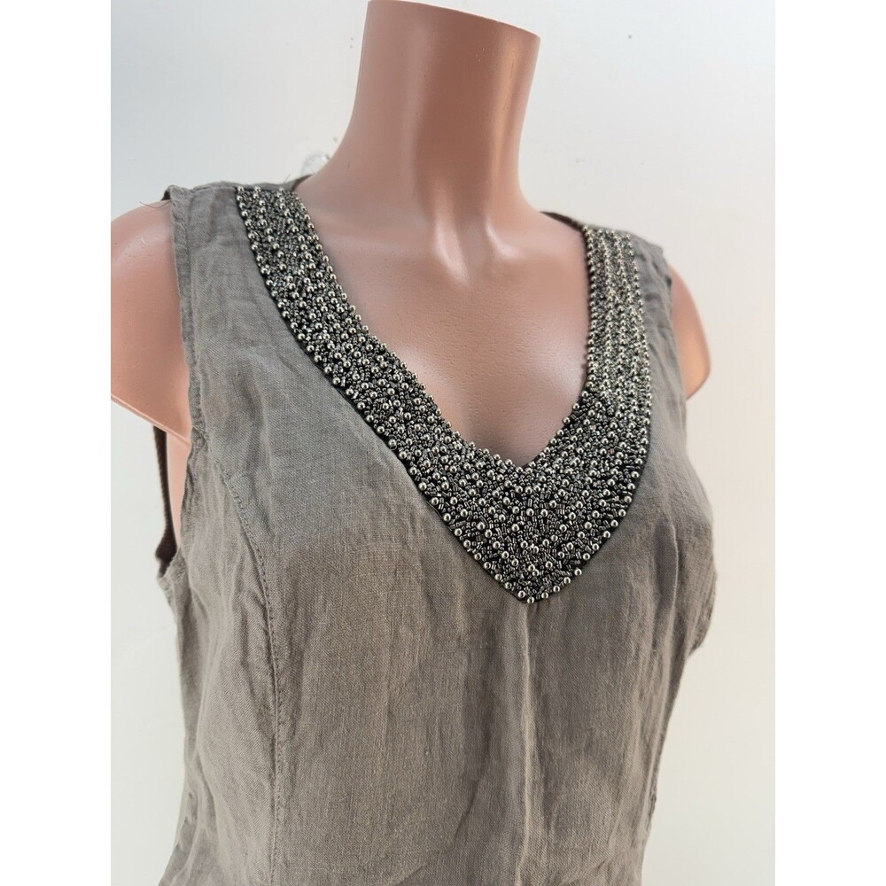 Lina Tomei Italy 100% Linen  Women Dress L Gray Beaded Sleeveless Shift V Neck - Picture 4 of 14